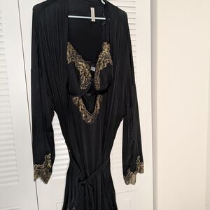 Satin Black Robe and Chemise Set with Gold Lace Trim- Cacique